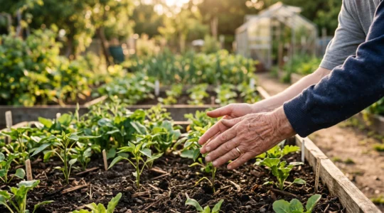 Mains de deux générations se rejoignant symboliquement au-dessus d'un jardin en pleine croissance, illustrant la transmission progressive d'un patrimoine familial