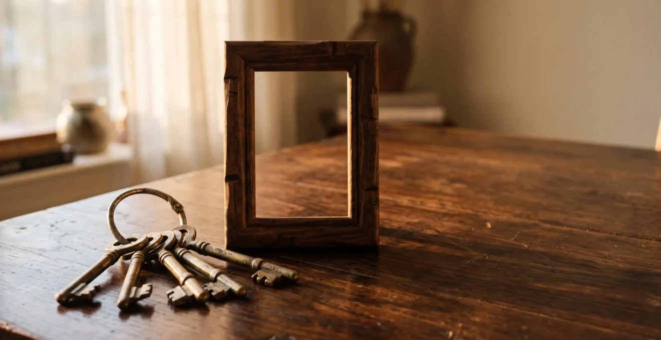 Vieilles clés en laiton posées sur une table en bois à côté d'un cadre vide, symbolisant la transmission d'un patrimoine familial