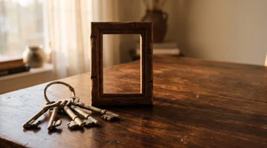 Vieilles clés en laiton posées sur une table en bois à côté d'un cadre vide, symbolisant la transmission d'un patrimoine familial