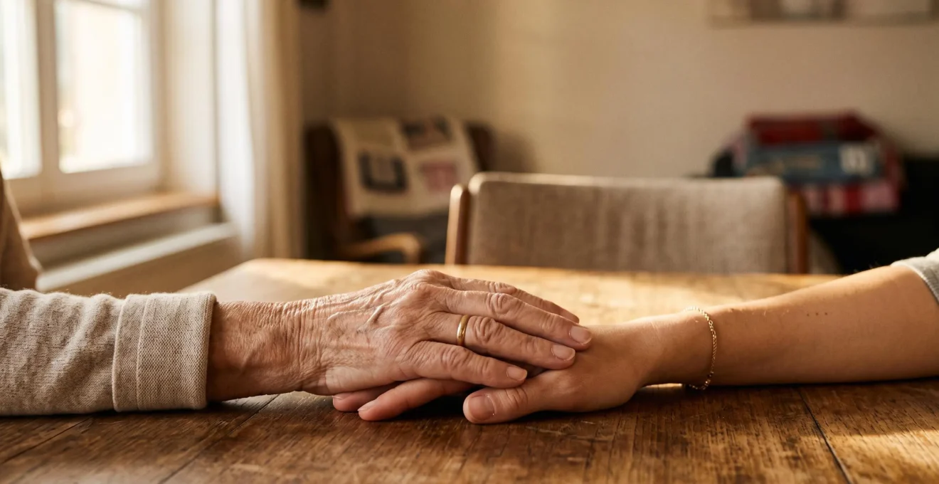 Photographie symbolique d'une transmission patrimoniale entre générations dans un cadre familial chaleureux