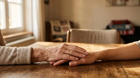 Photographie symbolique d'une transmission patrimoniale entre générations dans un cadre familial chaleureux