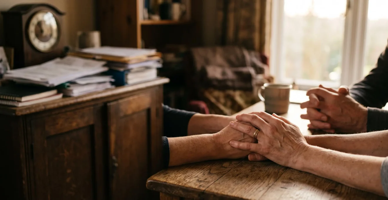 Mains de proches réunis autour d'une table, symbolisant la solidarité familiale face aux démarches urgentes après un décès