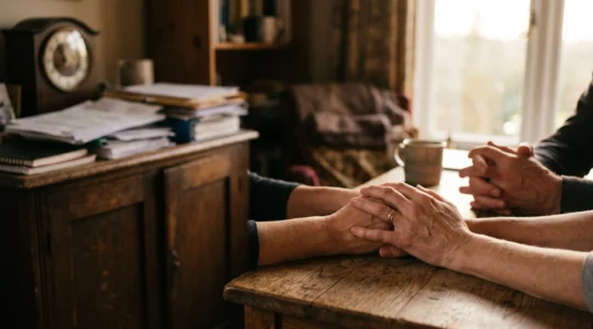 Mains de proches réunis autour d'une table, symbolisant la solidarité familiale face aux démarches urgentes après un décès