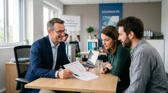 Un conseiller d'assurance explique un contrat d'assurance décès à un jeune couple dans une agence lumineuse.