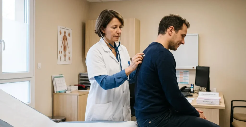 Médecin effectuant un examen médical de pré-souscription dans un cabinet médical en France Médecin effectuant un examen médical de pré-souscription dans un cabinet médical en France