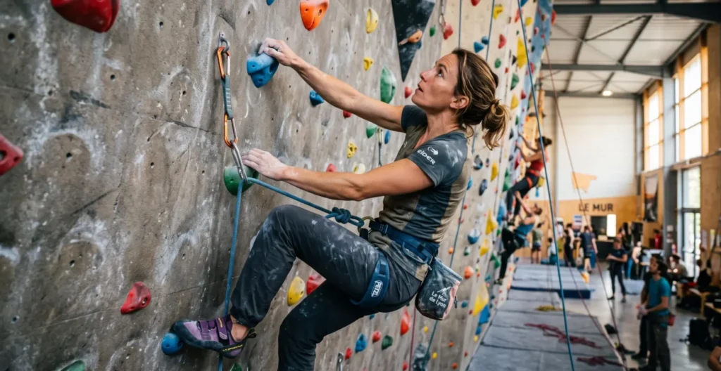 Grimpeur pratiquant l'escalade en salle d'escalade en France avec équipement de sécurité complet Grimpeur pratiquant l'escalade en salle d'escalade en France avec équipement de sécurité complet